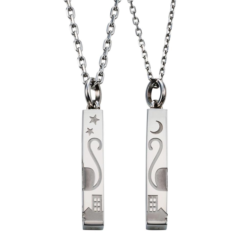 Pair Necklace Surgical Stainless Steel Cat Moon Star Heart Tail Shared Heart Silver Silver [White Clover] & 4SUP105SV&4SUP106SV