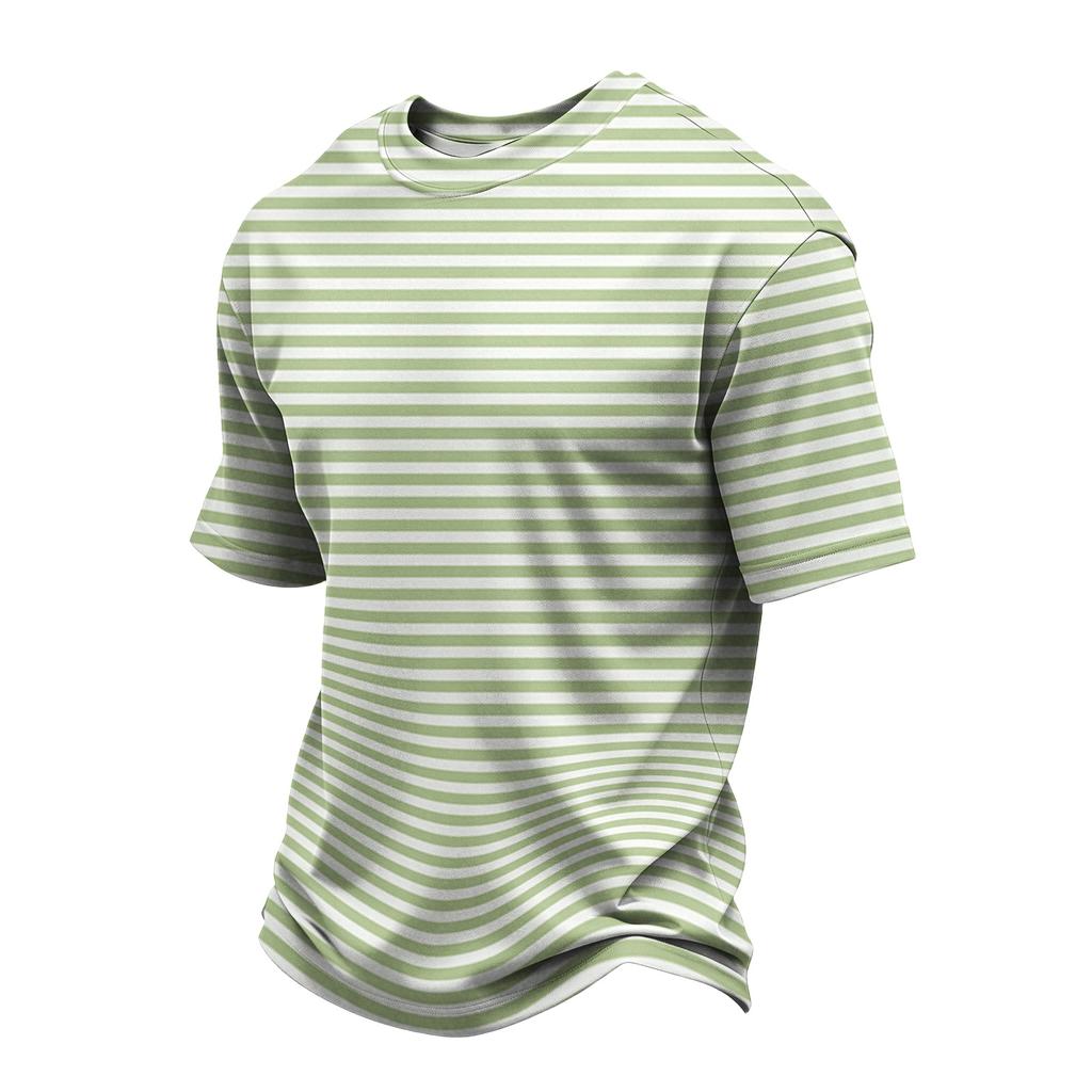 Men's Casual Quick-Dry Short Sleeve Shirt with Round Neck Lightweight Mesh and Striped Design