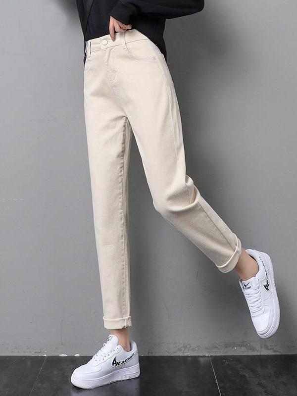 Off-White Women's High Waist Velvet-Lined Slimming Cropped Harem Jeans