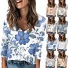 Women's Fashion Casual Spring Flower Print V-Neck Drop Shoulder Long Sleeve T-Shirt Top