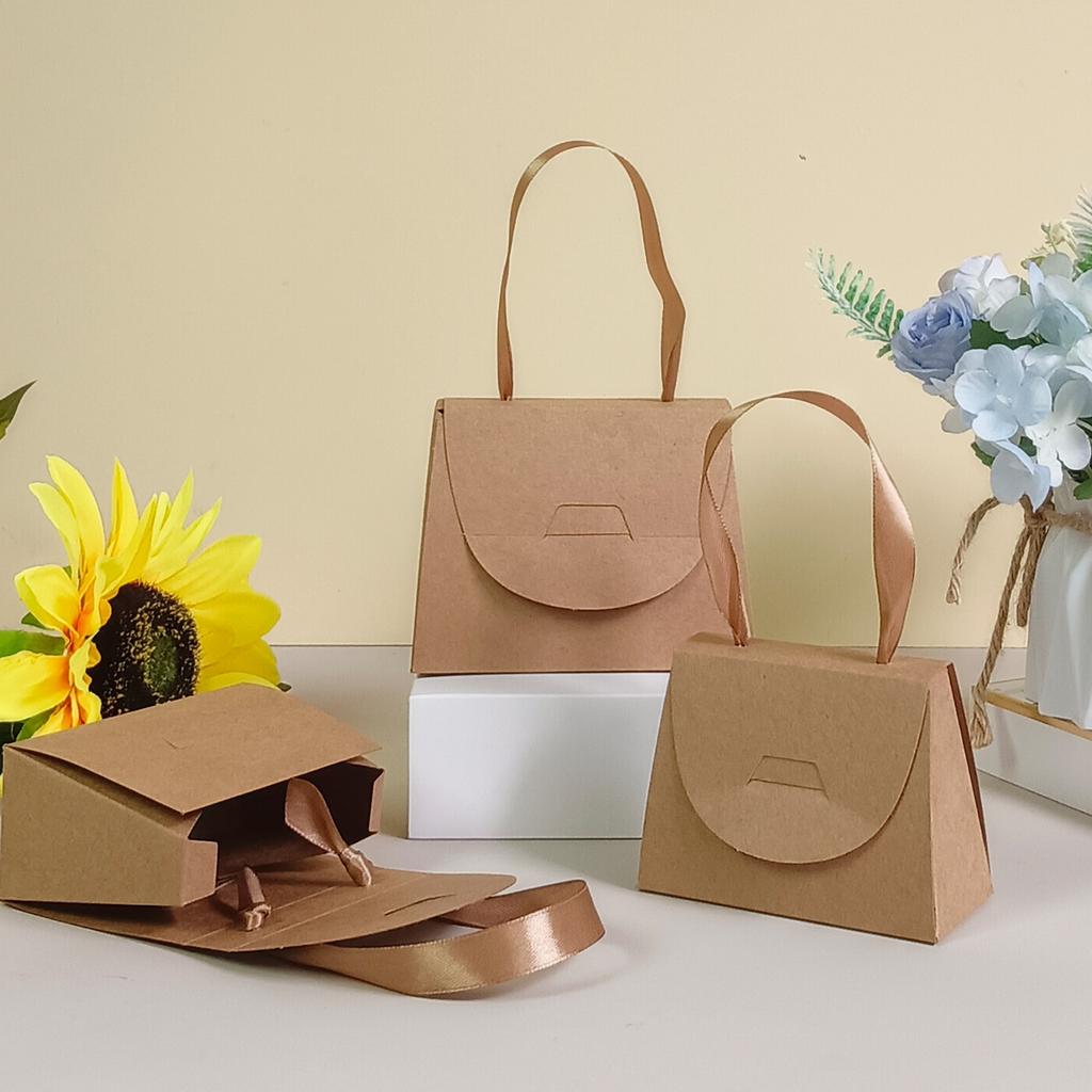 30pcs Small Handbag Style Gift Bags With Ribbon Handle Kraft White Paper Candy Bags For Wedding Party Favor Packaging