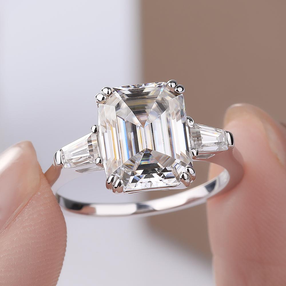 1-4 Carat Emerald Cut Moissanite Rings for Women D VVS1 Three Stone Diamond Engagement Ring Side Baguettes  CopperJewelry