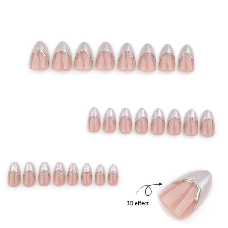 24 Peças de Unhas Postiças Amêndoa Curta com Pontas Francesas Brancas com Design de Linha Dourada 3D para Decoração de Manicure DIY Nail Art