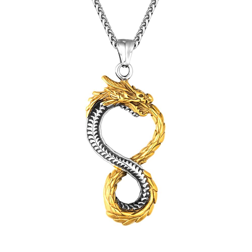 Norse Vikings Dragon Necklaces Men Retro Infinity Symbol Pendant Mix Gold Color Stainless Steel Ouroboros Amulet Hip-hop Jewelry 60cm