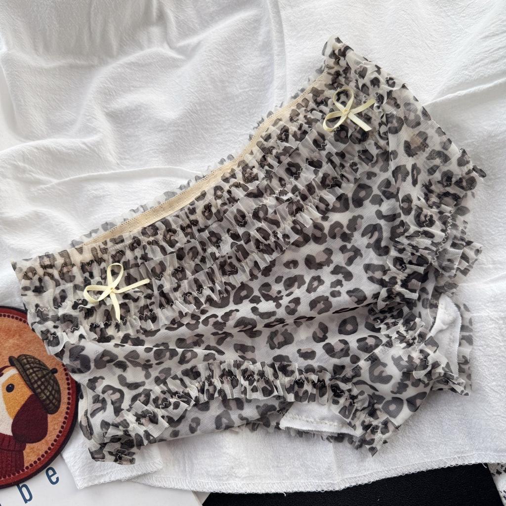 Ladies Summer Sexy Leopard Print Mesh Cake Layer Mid Waist Triangle Briefs