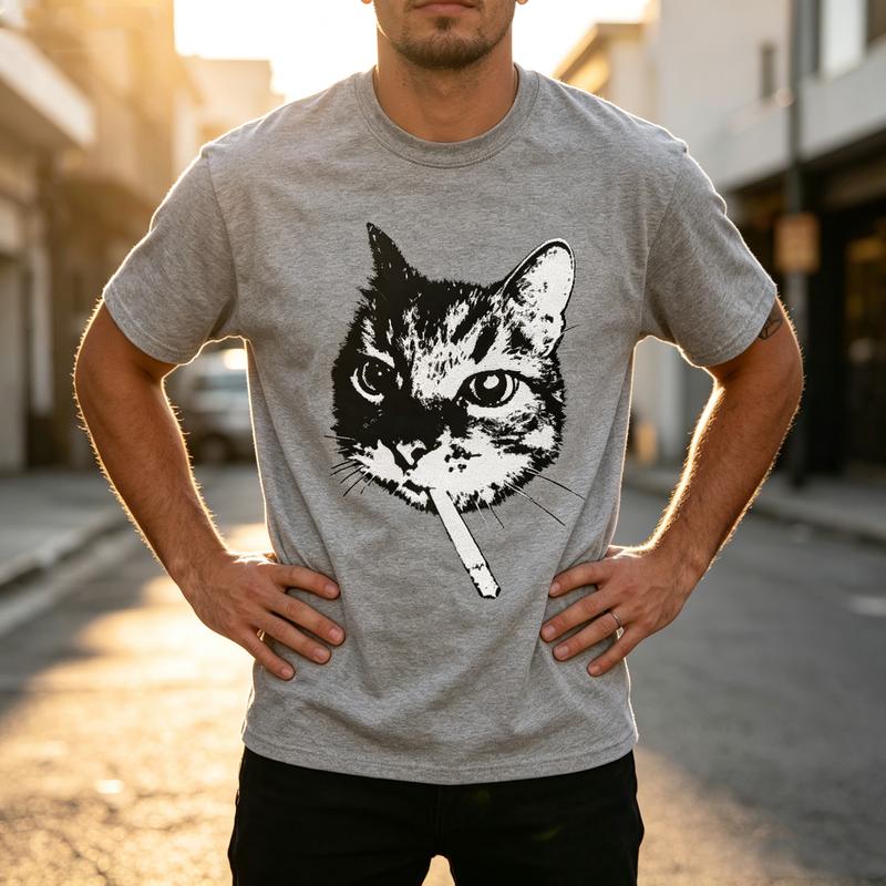 Smoking Cat Graphic T Shirt Vintage Black White Cat Face Print Unisexs Unisexs Soft Cotton Crew Neck Top