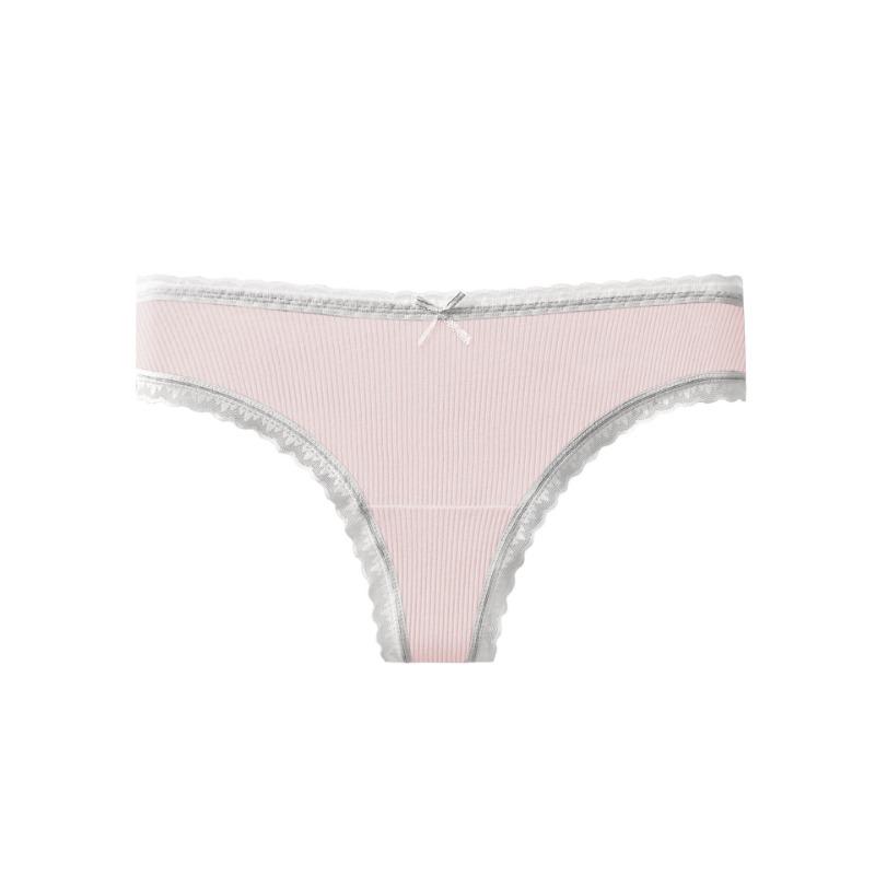 Women Pure Cotton Sexy Lace Mid Waist Ladies Thong Underwear