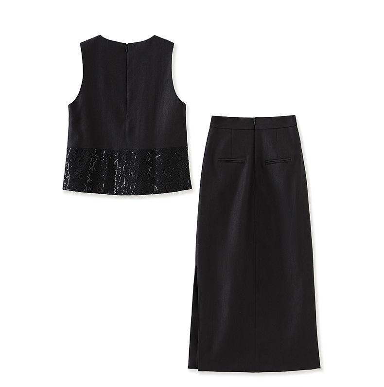 French Sequin Embroidery Vest & Tencel Midi Skirt Two-Piece Set for Women