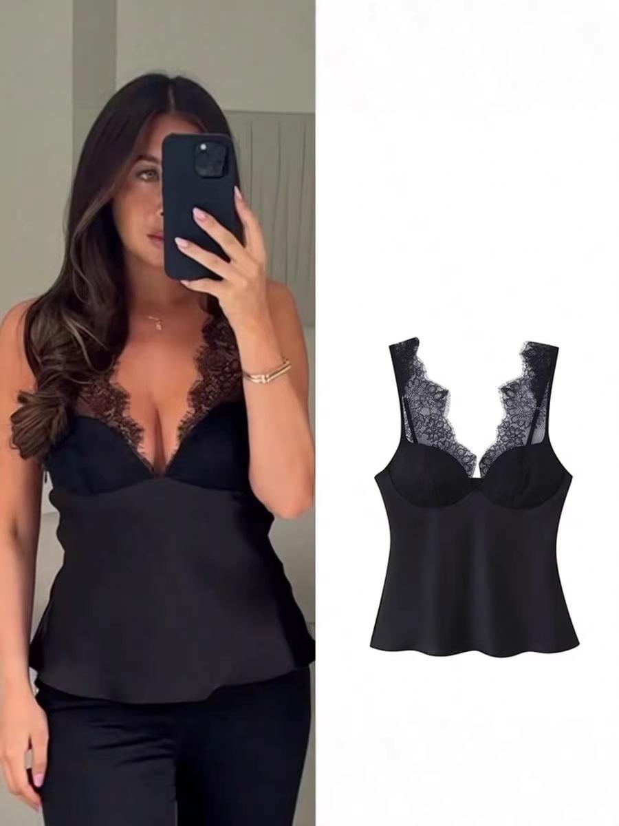 Elegant Women s Spaghetti Strap Lace Patchwork Tank Top - Slim Fit, Retro Style 2026. M чёрный