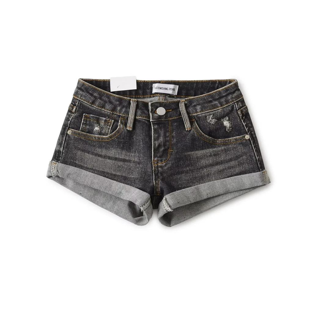 Women's Low Waist Denim Shorts Straight Leg Rolled Hem Distressed Casual Jean Hot Pants