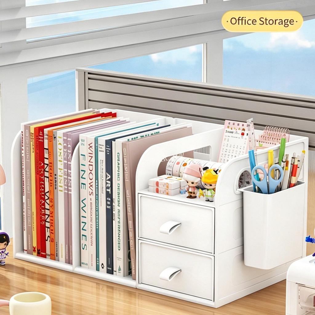Desktop Bookshelf Organizer with Drawers and Pen Holder Desk Storage Caddy for Office Supplies Books Stationery Home Office School Dorm Desk Organizer