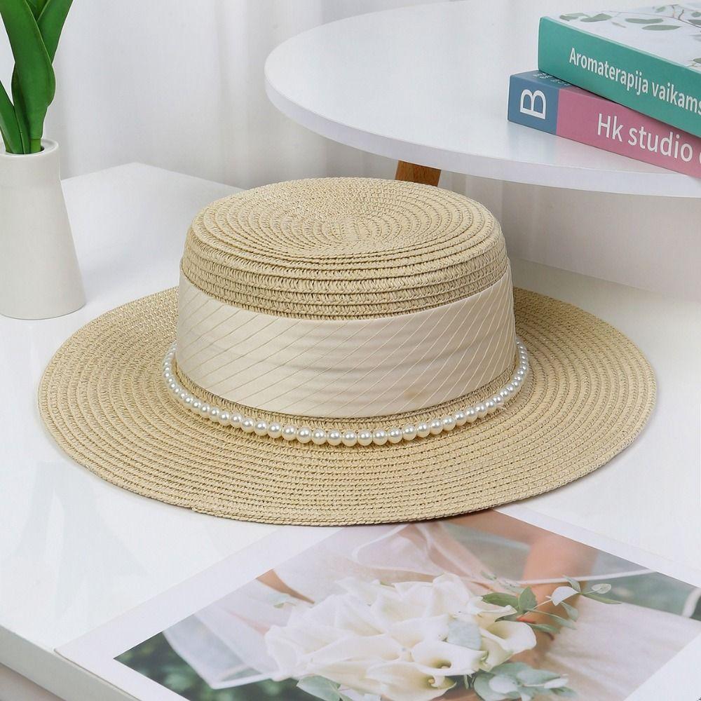 Straw Weaving Flat Sun Cap Pearl Chain Weave Bucket Hat Casual Women's Fisherman Hat  Travel