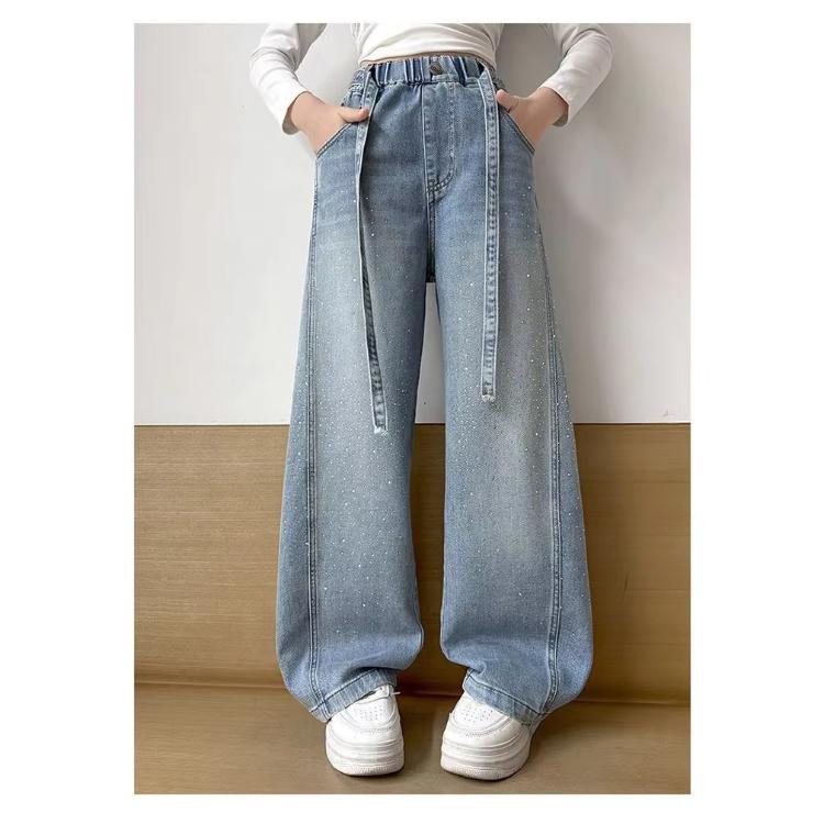 Autumn Cotton Bow Embroidery Girls Jeans Pants Solid Color Loose Wide Leg Trousers for Kids Girls Korean Soft Children Pants