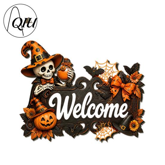 3D Floral Pumpkin Wall Art Halloween Ghost Wooden Welcome Door Hanger Sign, Cute Ornament with Bell Durable Sign for Porch Hanging Rope, Decor Indoor
