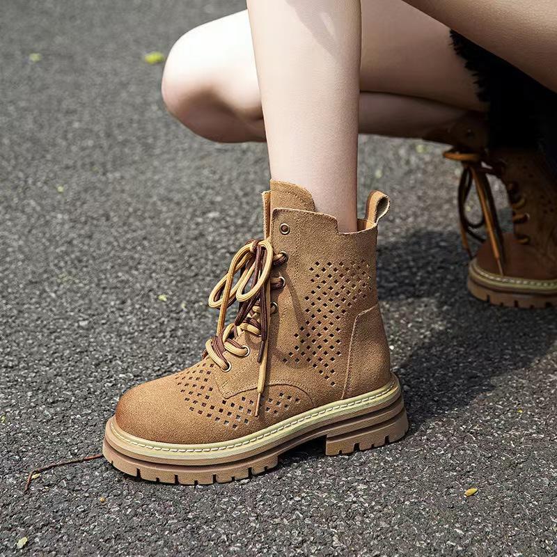 Thick-soled Hollow Rhubarb Boots Women's 2025 Summer New Inner Height Increase Leather Breathable Punched Martin Boots Lace-up Cool Boots