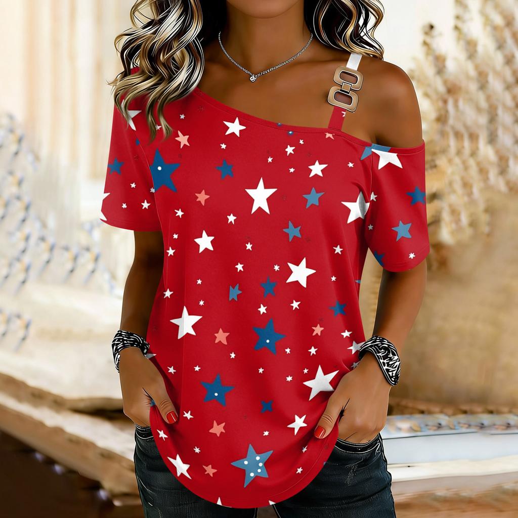 Damenmode Casual Print Sexy schulterfreies Kurzarm-T-Shirt-Oberteil