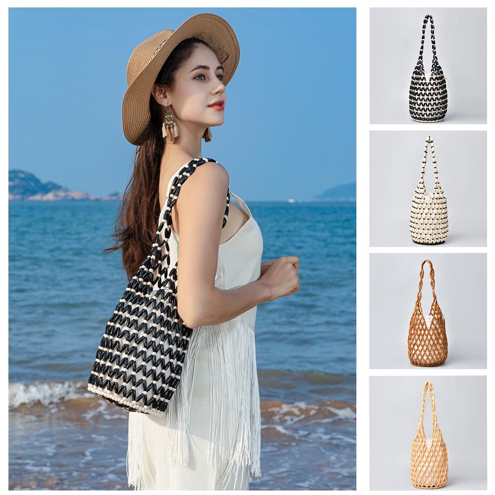 Trendy Bohemian Woven Hand Bag Female Style Handmade Hollow-out Handbag Exquisite Design Wooden Bead Tote Beach Outing