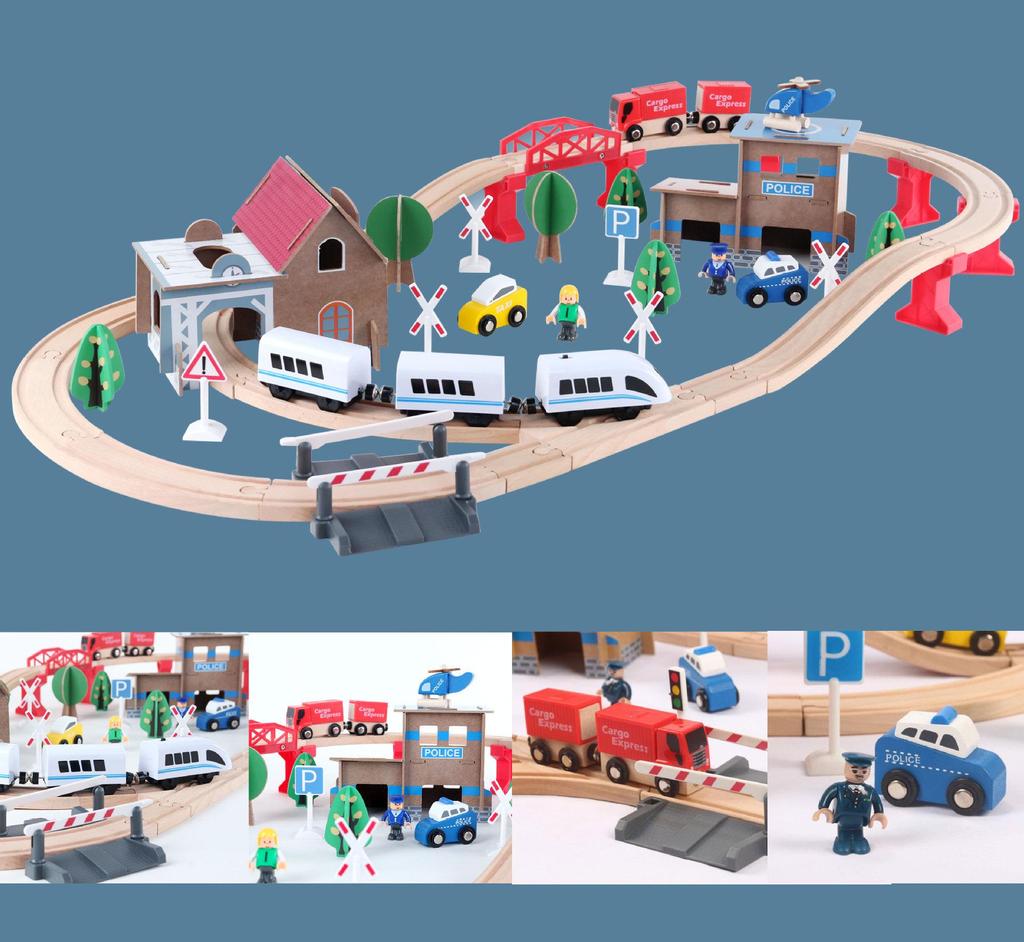 Wooden Electric Train Track & Car Building Blocks Set for Kids