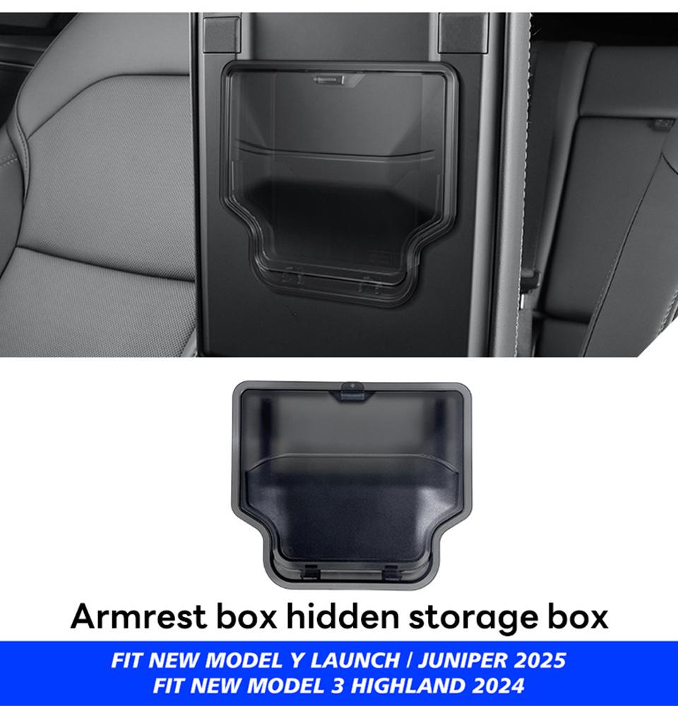 Magnetic Hidden Storage Box For Tesla Model YL Y Juniper 2025 2026 Armrest Lid Organizer Transparent Black Case