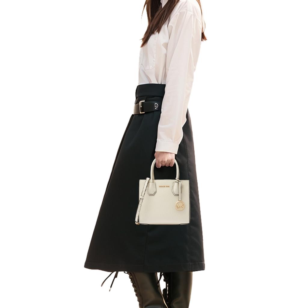 Michael Kors MK Mercer Solid Letter Logo Vintage Litchi Grain Leather Accordion Bag Women Handbags Cream 35S1GM9M2L-289