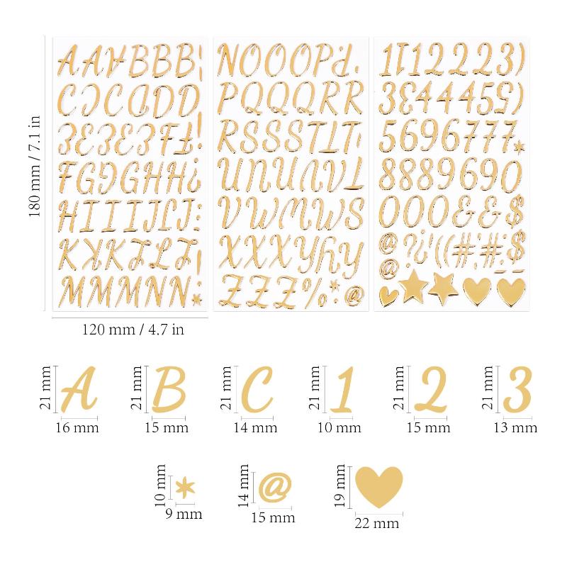 1/3 Sheets 3D Gold Letter Number Stickers Letters Stickers Self Adhesive Stickers For DIY Crafts Scrapbooking Decorative Decal