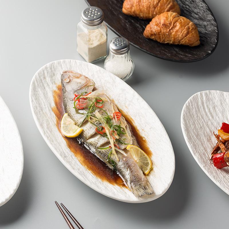 Restaurant Hotel Japanese Rock Texture Oval Fish Plate Large Family Braised Steamed Fish Plate Light Luxury Western Plate Tableware