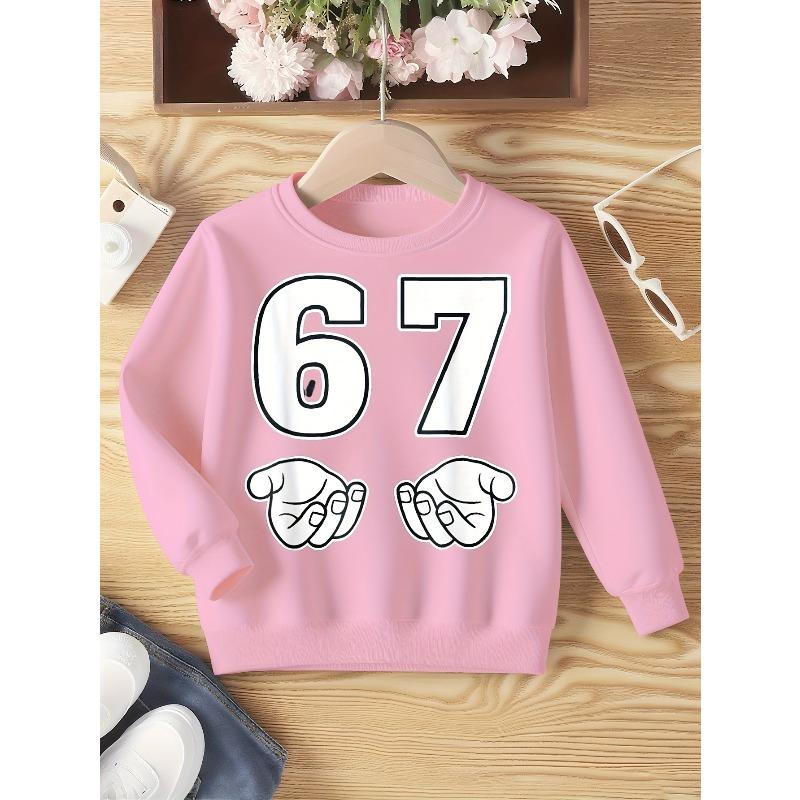 Kids Unisex Crewneck Sweatshirt, Simple White Outline 67 Number & Two Hand Cartoon Print Long Sleeve Pullover, Sweatshirt for Boys Girls Ages 4+