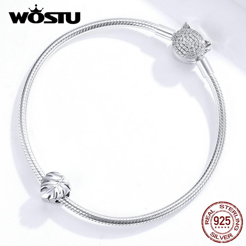 WOSTU 100% 925 Sterling Silver Monstera Deliciosa Beads Plant Charm Fit Original Bracelet Pendant Fashion Wedding Jewelry CTC141