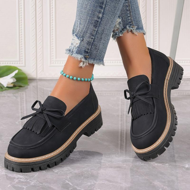 Women's Chunky Single Shoes Spring New Round Head Deep Mouth Suede Butterfly Knot Thick Sole Non-slip Loafers