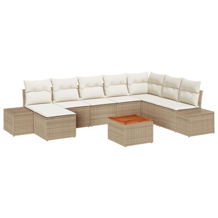 VidaXL Ensemble de Canapé de Jardin 9 Pièces avec Coussins Beige Poly Rotin Acacia 3347995