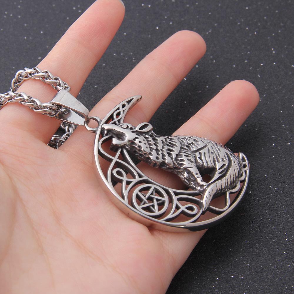 Stainless Steel Howling Wolf Moon Necklace - Viking & Slavic Animal Pendant with Adjustable Chain for Couple Jewelry Gifts