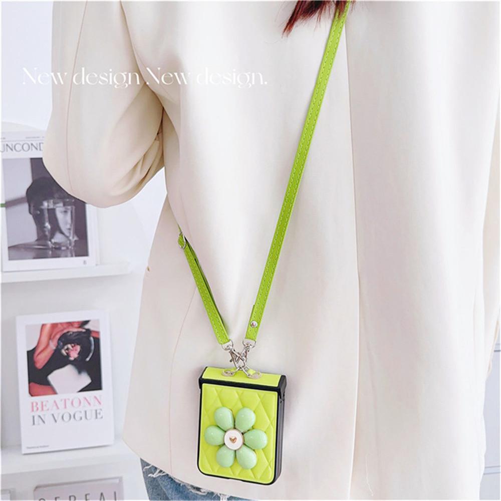Flower Plaid Crossbody Long Chain Leather Case For Samsung Galaxy Z Flip 4 5 Case For Galaxy Z Flip 3 Cover 5G Flip