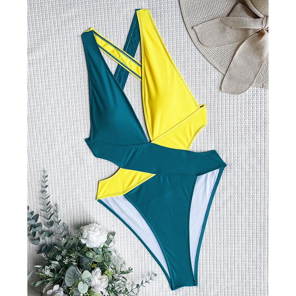 Splicing Deep V Neck Cross Back One Piece Swimsuit Women Swimwear Female Monokini Scrunch Butt Bather Bathing Suit Swim