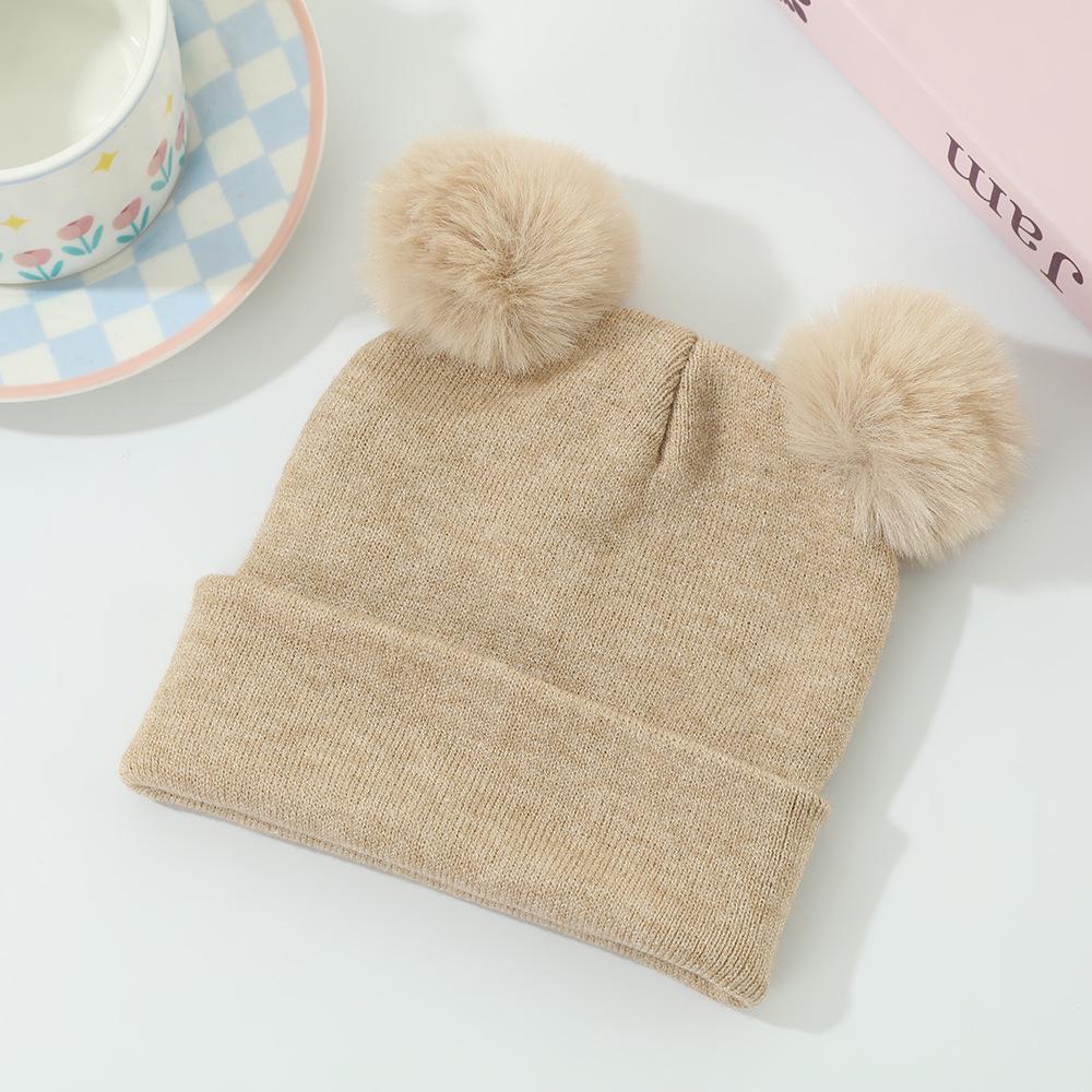 Core-Spun Yarn Double Pom-Pom Thick Knitted Hat for Autumn/Winter - Warm and Cute Style for Kids