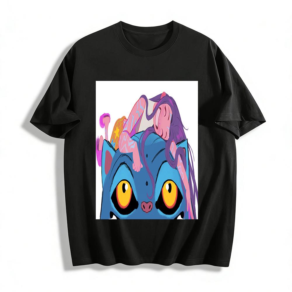

Cute Girl Lying On Giant Blue Cat Print Casual Top Trendy Cartoon Style Tee For Teens Pure cotton T-shirt XXS
