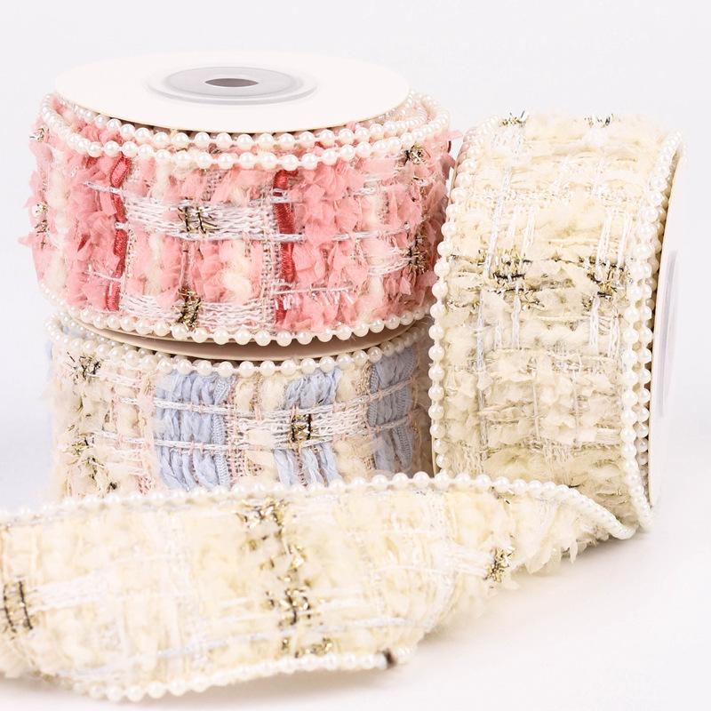 2yards 38mm Elegant Crochet Velvet Tweed Ribbon with Pearl Beads Edge for DIY Hair Bows Sewing Supplies Gift Packing Hat Decor