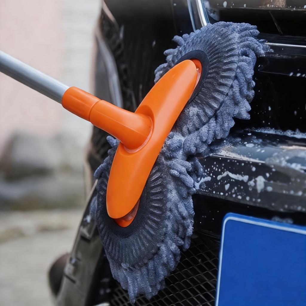 Rotating Car Wash Mop | Extendable Dual-Head Chenille Cleaning Tool with Soft Scratching Brushes for Auto Detailing & Waterless Car Cleaning
