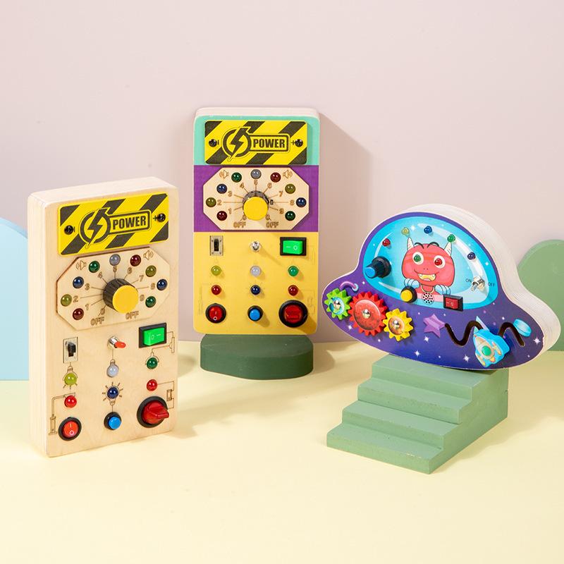 Baby Wooden Montessori Busy Board Circuit LED Light Simulation Socket Switch Life Skills Cognitive Toy
