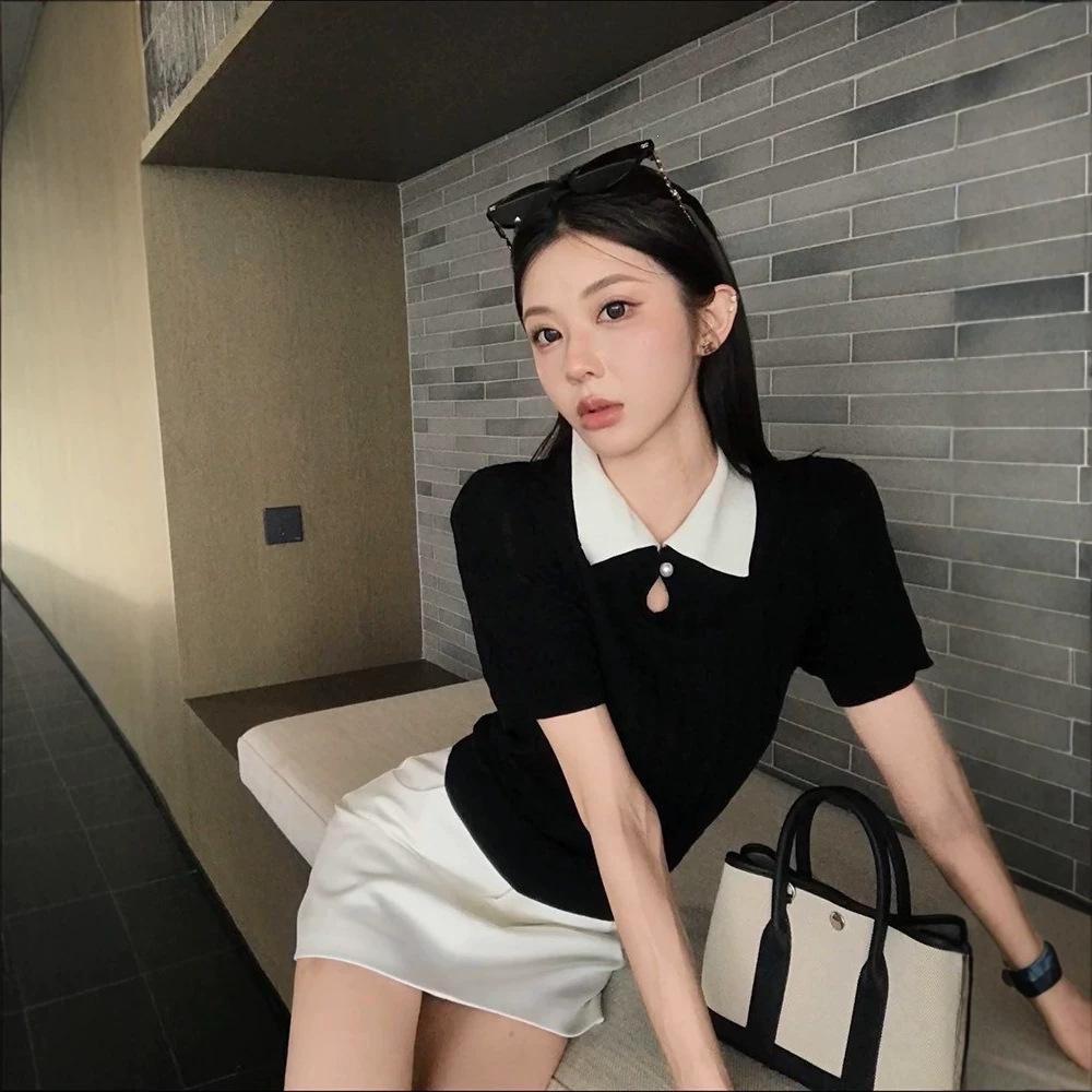 Korean contrasting color lapel neck front shoulder short-sleeved T-shirt women's summer fashion simple design slim-fitting versatile temperament top