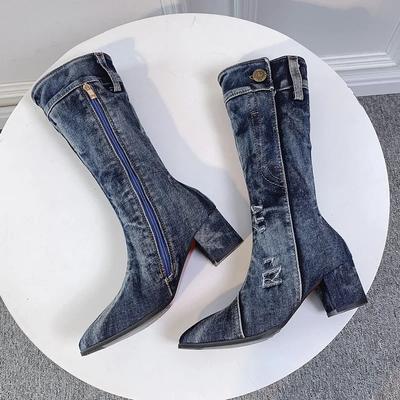 Sexy stivali di jeans da donna stivali a metà polpaccio con cerniera tacco alto da donna eleganti stivali di jeans da donna stivali di jeans da donna scarpe da donna cowboy 2024