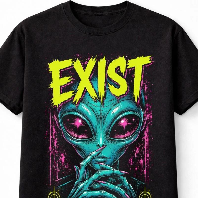 Exist Alien Horror UFO Retro Sci Fi Graphic Neon Unisex TShirt S