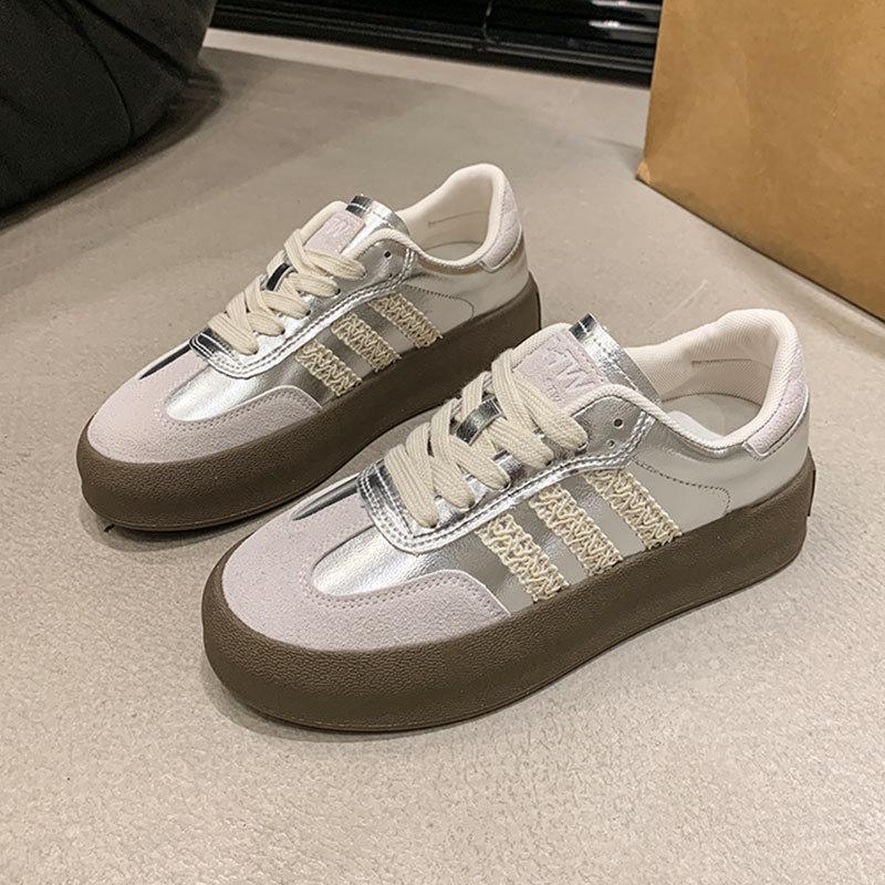 Dexun shoes women's silver new spring platform heightening small lace casual retro sports board shoes