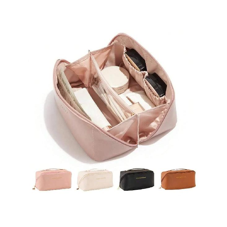 

Portable Large Capacity PU Makeup Bag with Internal Organizers for Travel and Daily Use рожевий