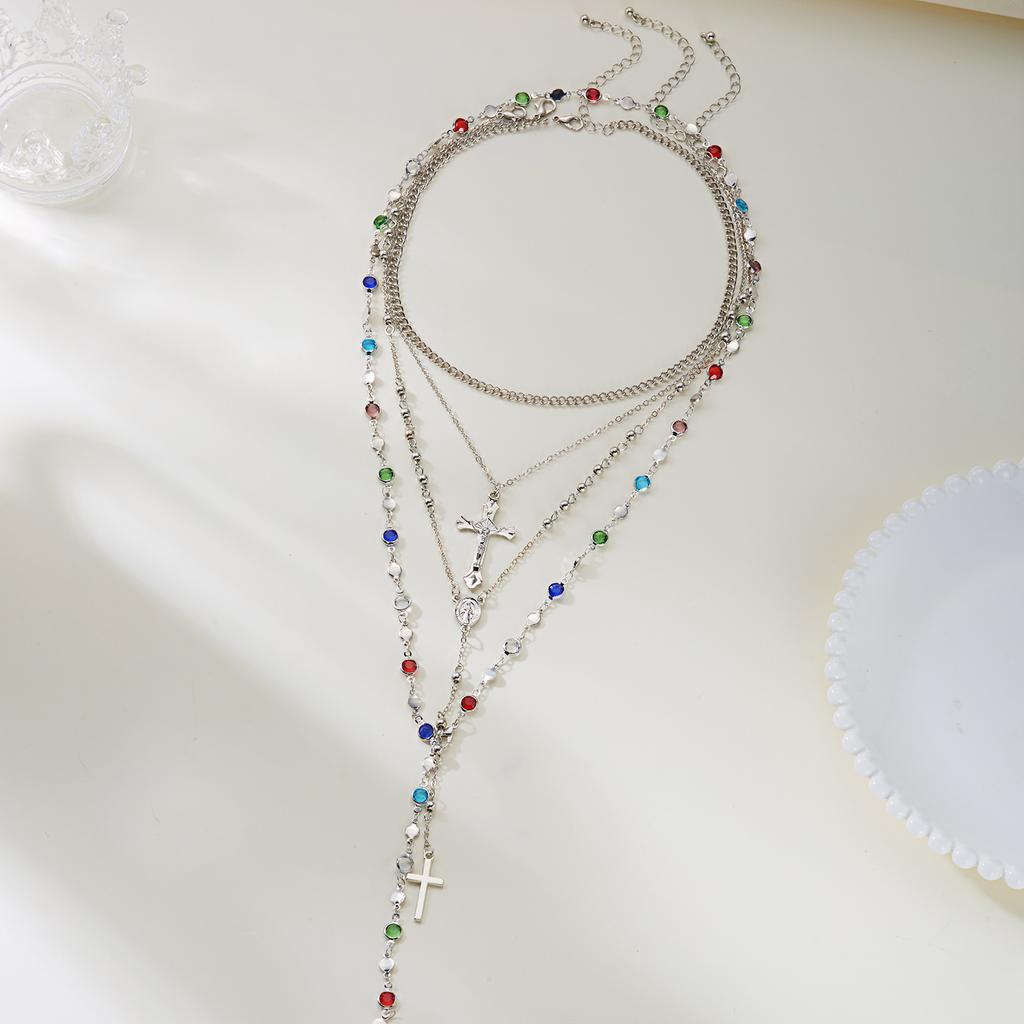 Sparkling Cross Layered Necklace for Women Vintage Baroque Rhinestone Stackable Necklace Set Party Jewelry Accessories