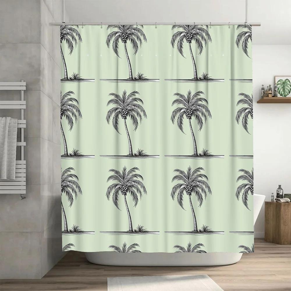 Classic Black Palm Tree Print Shower Curtain For Bathroom Decor Cream White Solid Color Waterproof Fabric