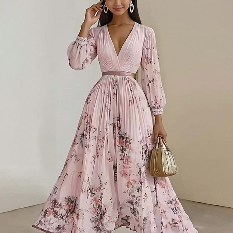 Spring 2026 European & American Elegant V-Neck Pleated Printed Slim-Fit Long Dress for Women