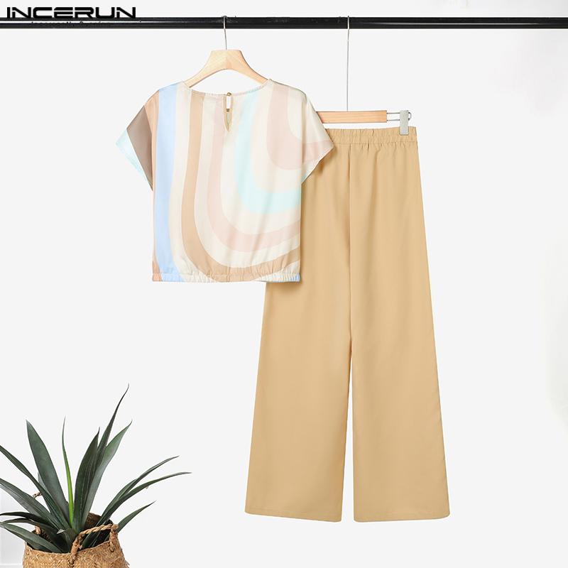 ZANZEA Damen Kurzarm Print Bluse und Hose Lässige Zweiteiler Anzugsets