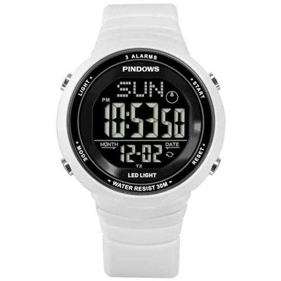 PINDOWS womens digital sports watch 30m waterproof LED backlight wristwatch 3 types alarms stopwatch countdown timer calendar support active