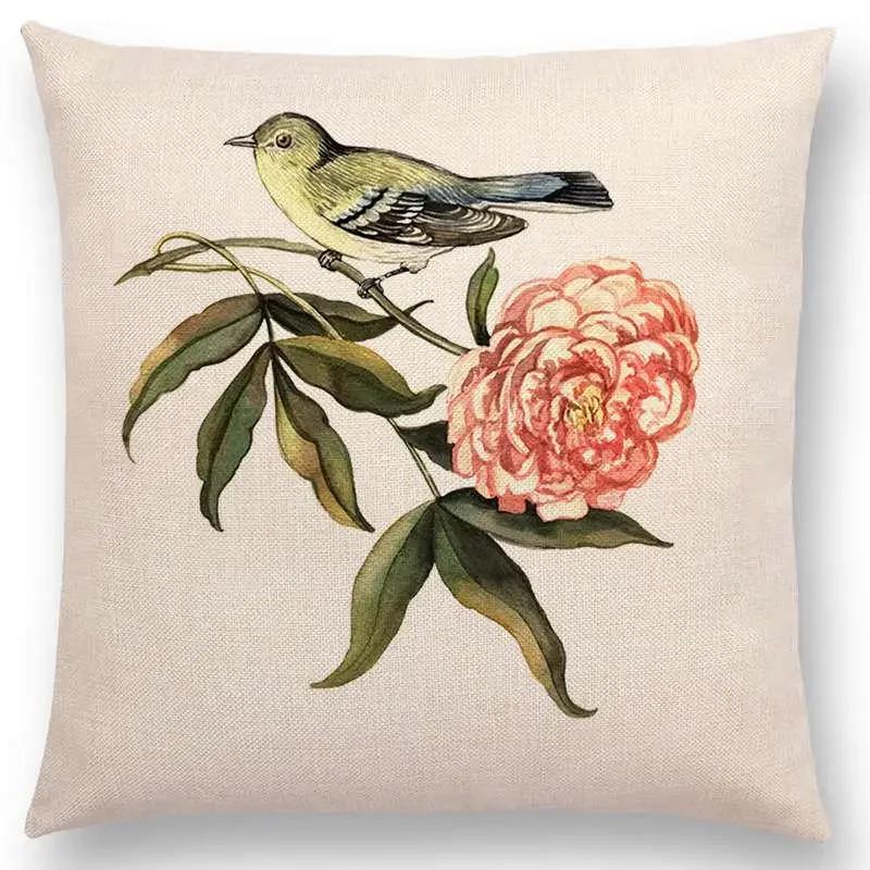 Lovely Birds Flowers Plants Sofa Pillow Case Hummingbird Rose Raspberries Lemon Dill Clove Almonds Cushion Cover