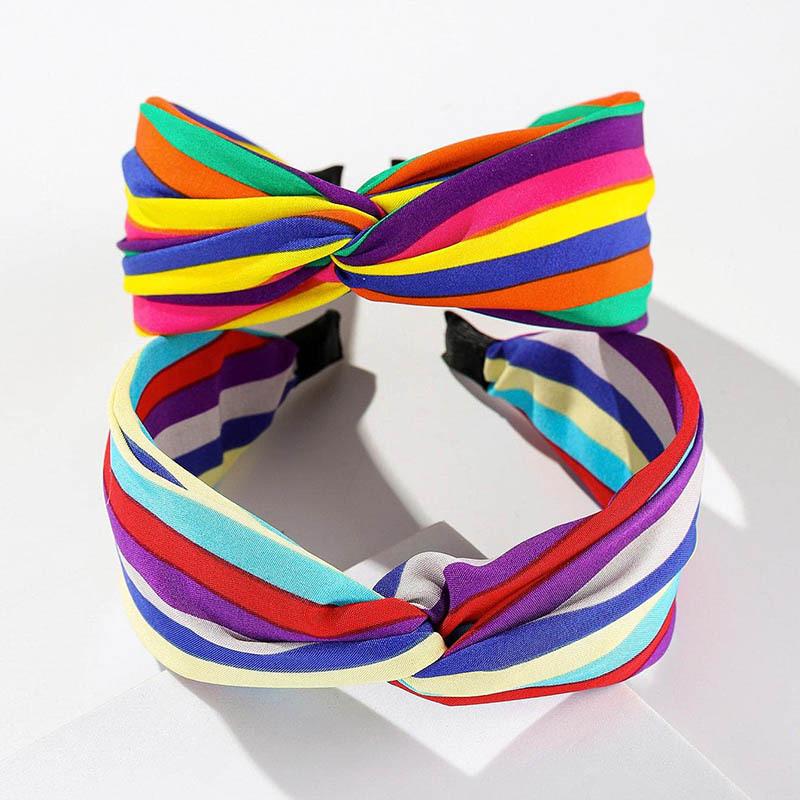 Pretty Colorful Rainbow Striped Cloth Knotted Headbands for Women Girls Daily Shopping Party Holiday Head Hoop Accessories